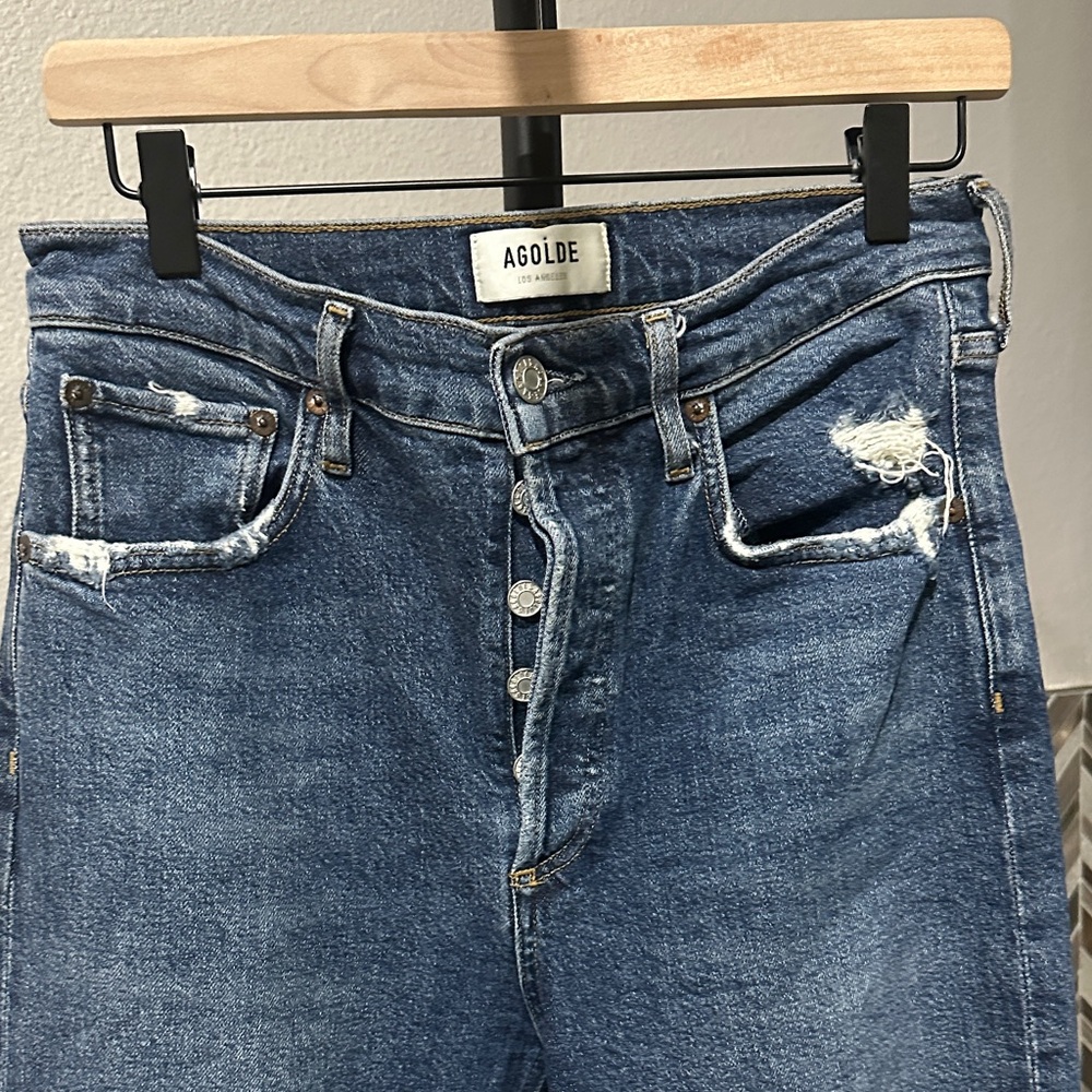 Agolde Dark Blue High-Rise Distressed Button-Fly Jeans